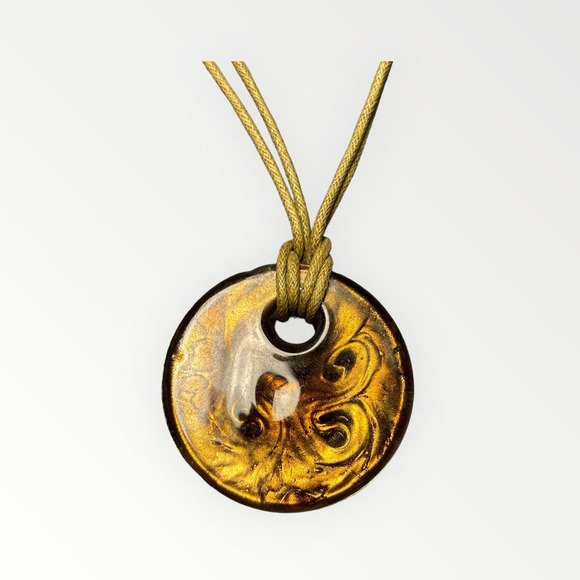 Art Glass 1.5" Pendant Brown Gold Swirl Sparkle Jewelry Necklace 18" - Picture 4 of 7